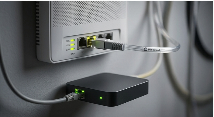 Ethernetkabel mærket IPTV Danmark der forbinder en router til en set-top-boks