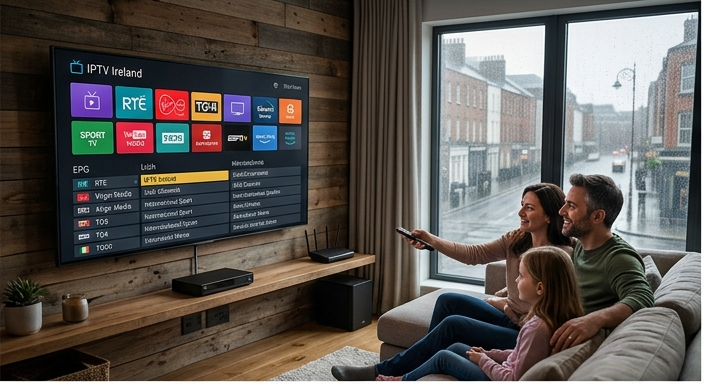 Dansk familie ser IPTV Danmark 4K på et smart-TV med en tv-guide på skærmen