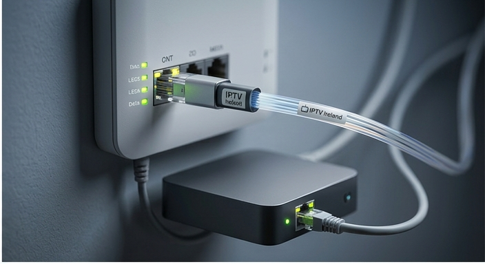 IPTV Danmark mærket ethernetkabel sat i en fiber-ONT og router i en hjemmenetværksopsætning